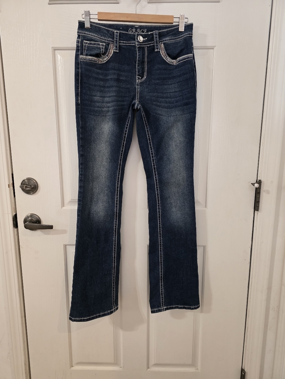 Grace in LA Dark Blue Bootcut Jeans with White Topstitching